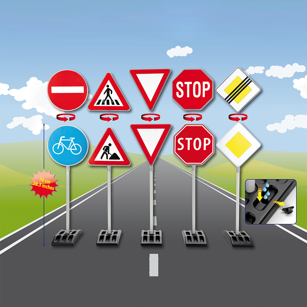 5 pcs. traffic signs, 70 cm tall – stop sign, roadworks, cycle path, give way, end of main road