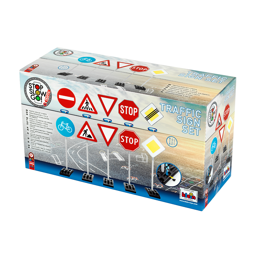 5 pcs. traffic signs, 70 cm tall – stop sign, roadworks, cycle path, give way, end of main road