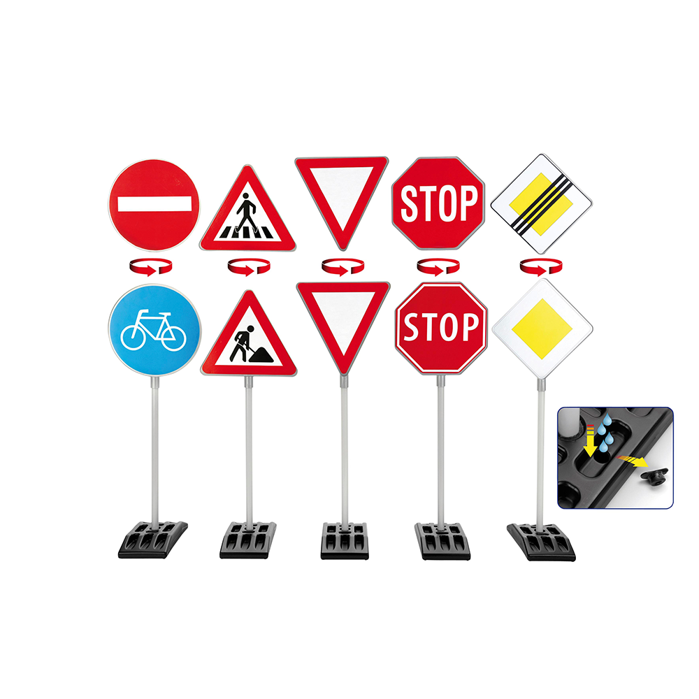 5 pcs. traffic signs, 70 cm tall – stop sign, roadworks, cycle path, give way, end of main road