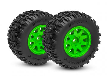 Traxxas 10771-GRN Tires & Wheels Sledgehammer/ Mini Maxx Green Front (2)