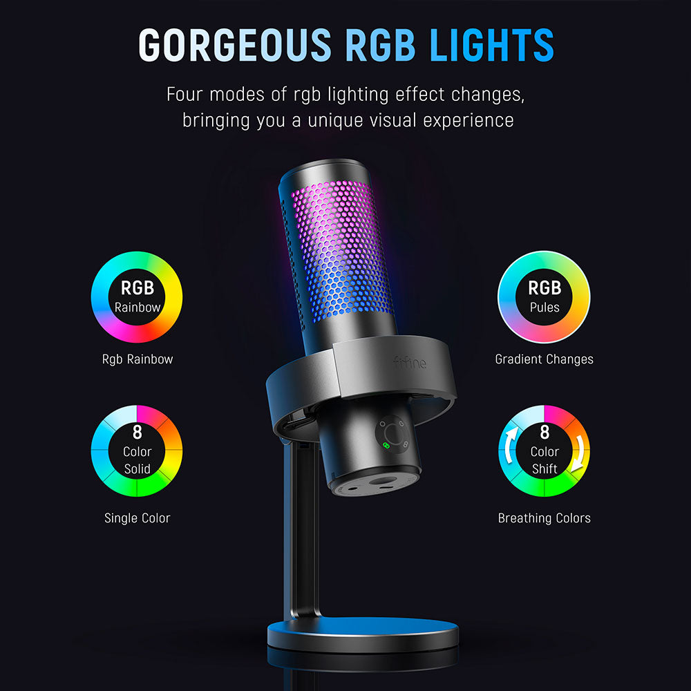 Fifine A9 Condenser RGB USB Microphone with 4 Polar Pattern, Black