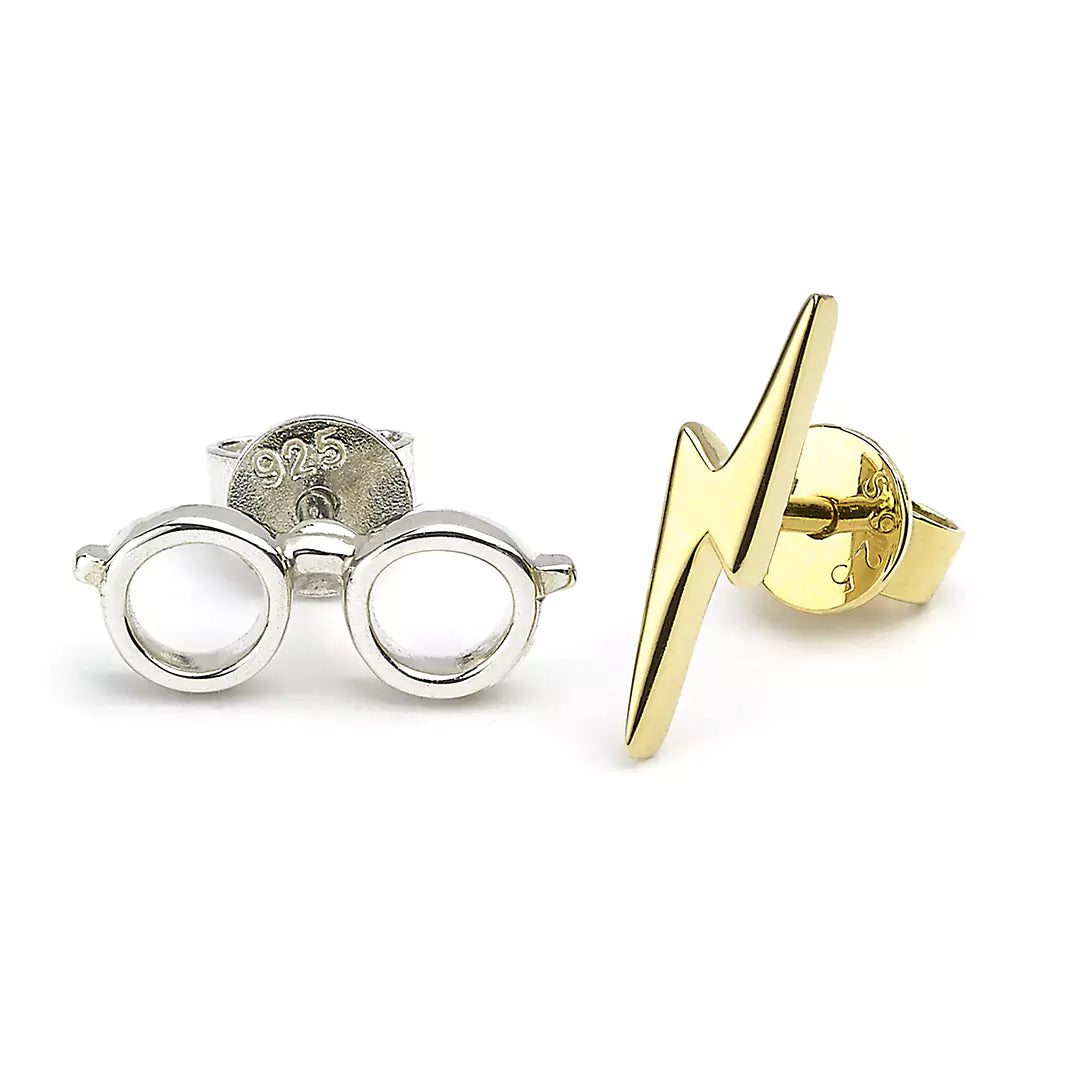 Sterling Silver Lightning Bolt and glasses stud earrings - Harry Potter