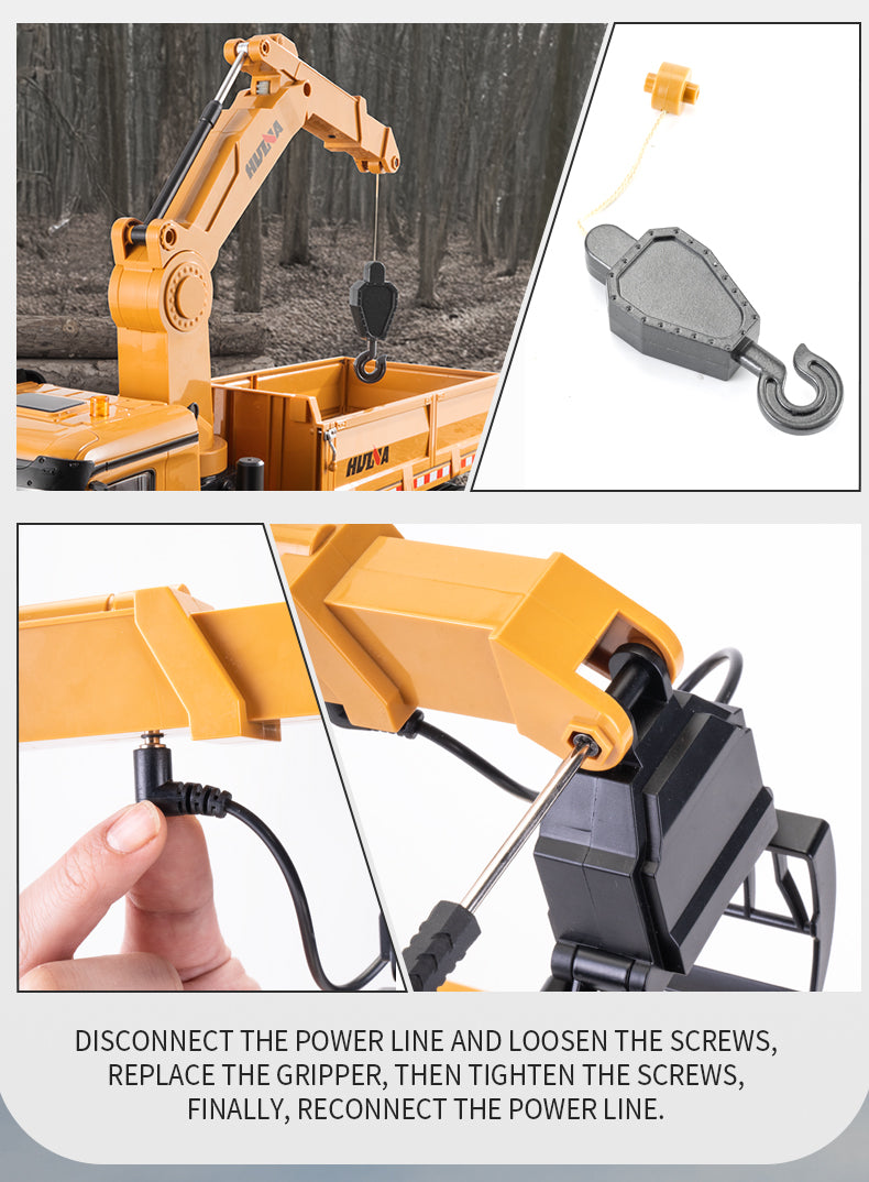Remote-controlled Huina truck with tipper bed, crane and EXTRA accessories - scale 1:18