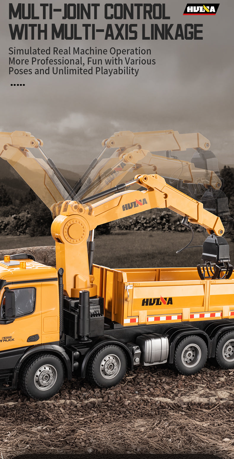 Remote-controlled Huina truck with tipper bed, crane and EXTRA accessories - scale 1:18
