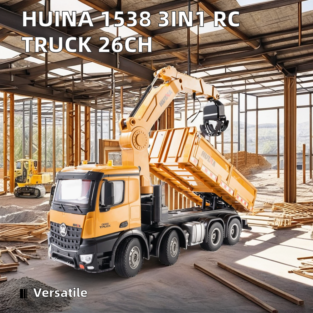 Remote-controlled Huina truck with tipper bed, crane and EXTRA accessories - scale 1:18