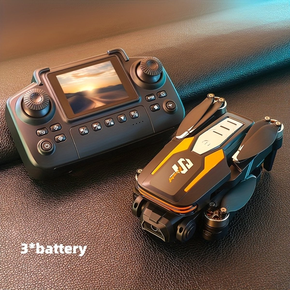 LU80 drone sammenfoldet med fjernbetjening og 3 batterier