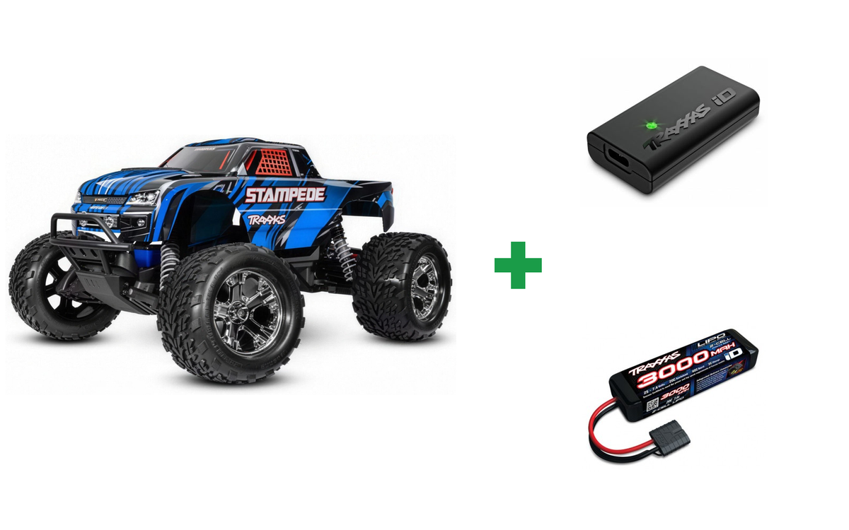 Kombopakke: Traxxas 36254-8 Stampede 2WD 1/10 RTR TQ EHD USB-C - With Battery/Charger + USB-C lader og 2S batteri