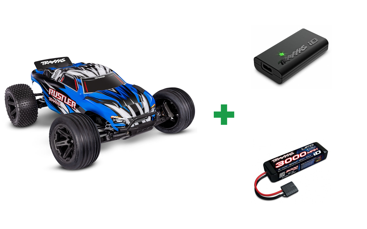 Kombopakke: Rustler 2WD 1/10 RTR TQ EHD Blue-X USB-C - With Battery/Charger + USB-C lader og 2S batteri