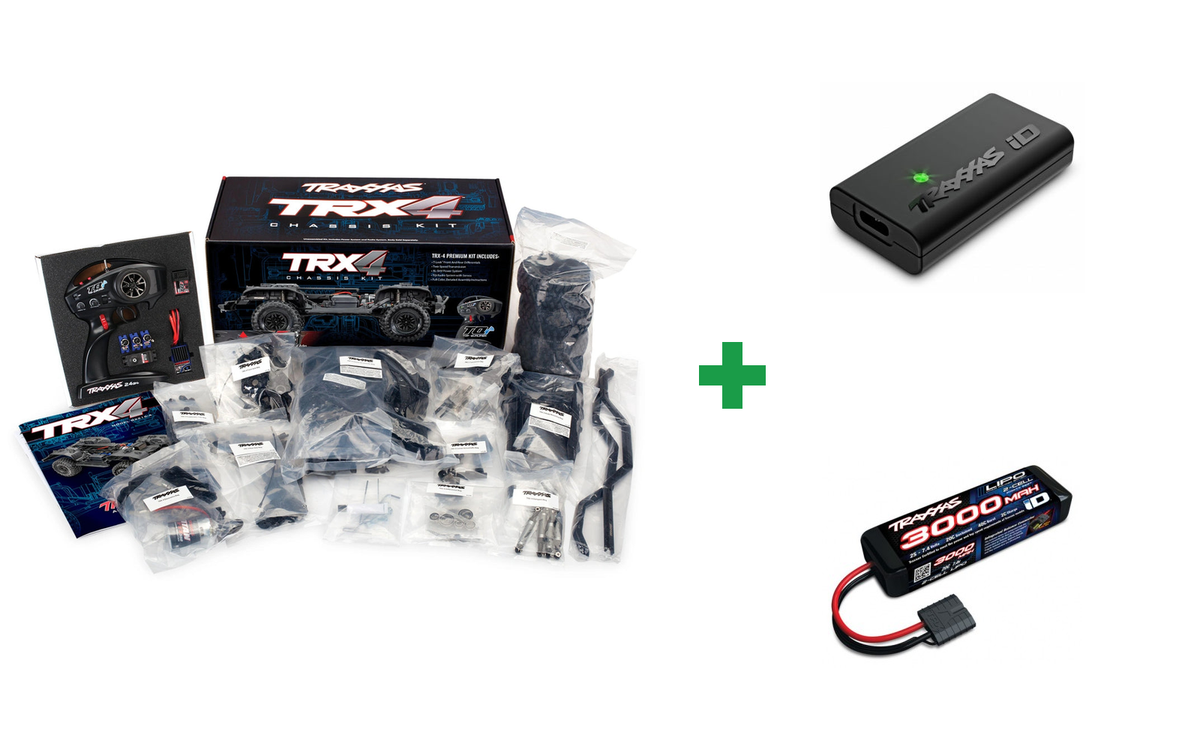 Kombopakke: TRX-4 Kit Clipless (w/o Batteries & Body) + USB-C lader og 2S batteri