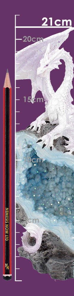 Glacial Custodian Fantasy White Dragon Sitting On A Geode 22cm