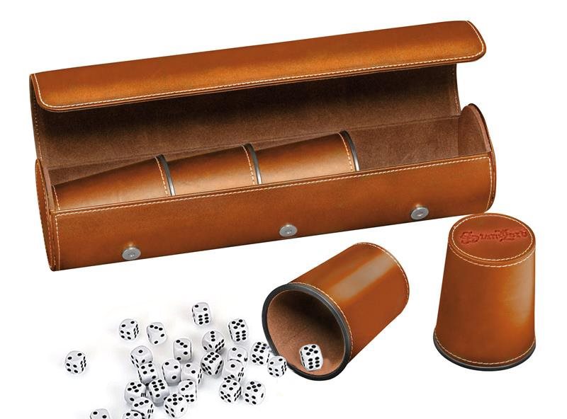 Stanlord Dice Cup Set in Synthetic Leather – 5 Cups with Case and 25 Dice, Brown