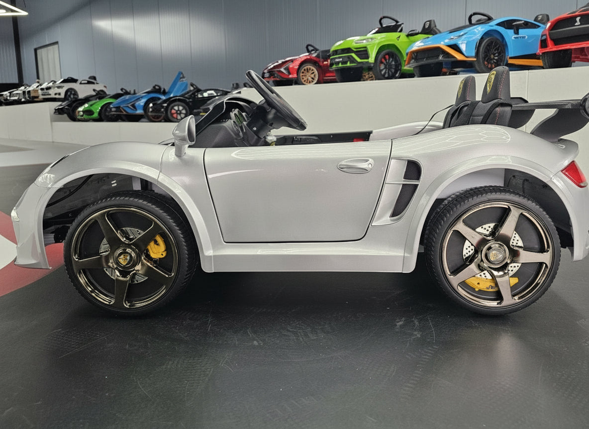 Porsche RUF 24V electric car for kids – 2 seats, metallic silver