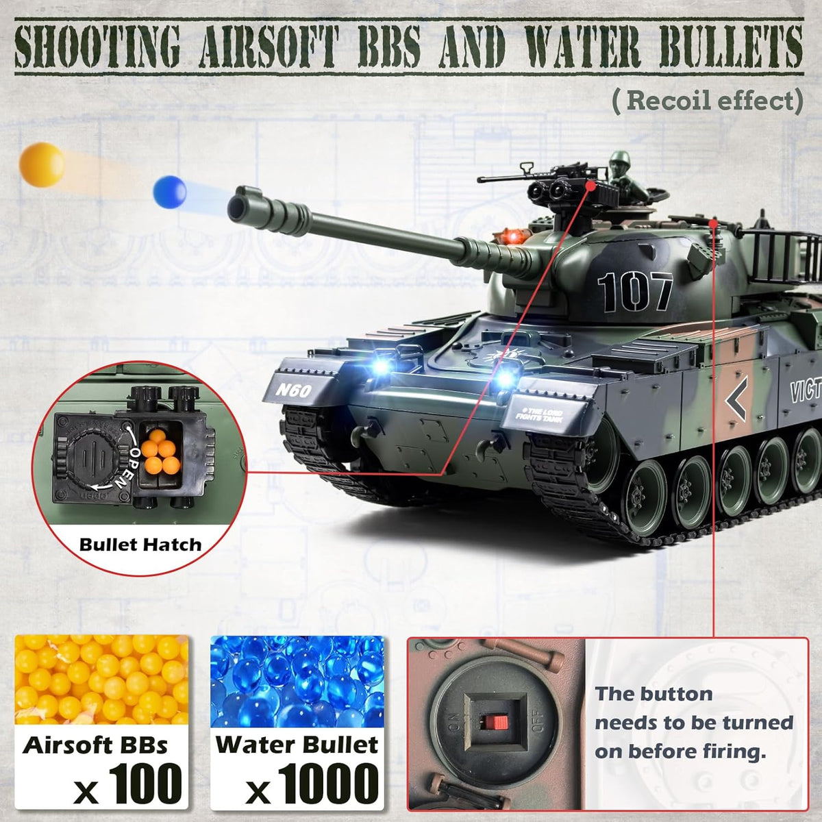 Serious remote-controlled tank with real pellets, real smoke, real movements plus option for water pellets