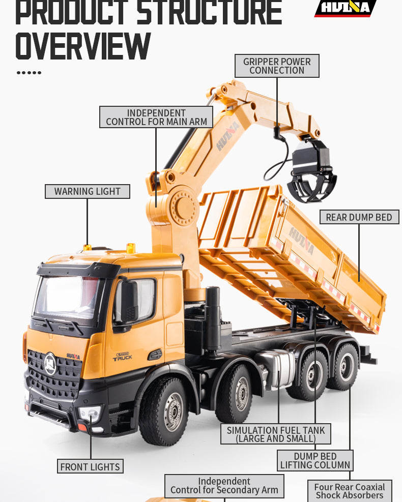 Remote-controlled Huina truck with tipper bed, crane and EXTRA accessories - scale 1:18