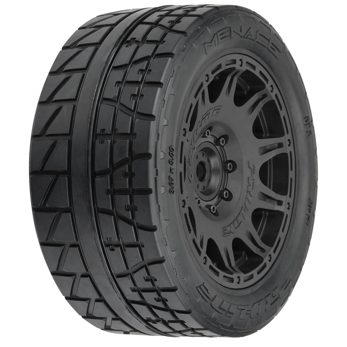 Menace HP 5.7 inches Street BELTED Tires Mounted on Raid Black 8x48 Removable 24mm Hex Wheels (2) for X-MAXX, KRATON 8S & Other Large Vehicles Front or Rear