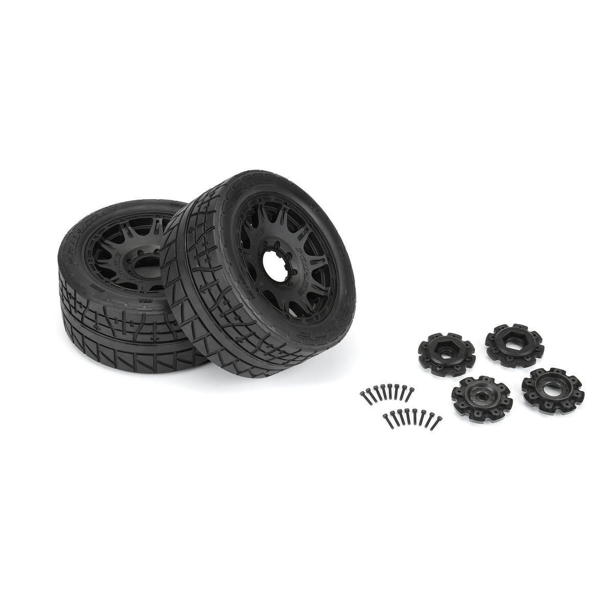 Menace HP 5.7 inches Street BELTED Tires Mounted on Raid Black 8x48 Removable 24mm Hex Wheels (2) for X-MAXX, KRATON 8S & Other Large Vehicles Front or Rear