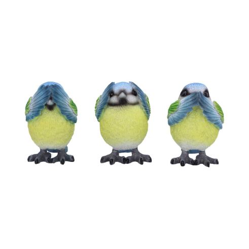 Three Wise Blue Tit Figurines in See no, Hear no, Speak no evil poses