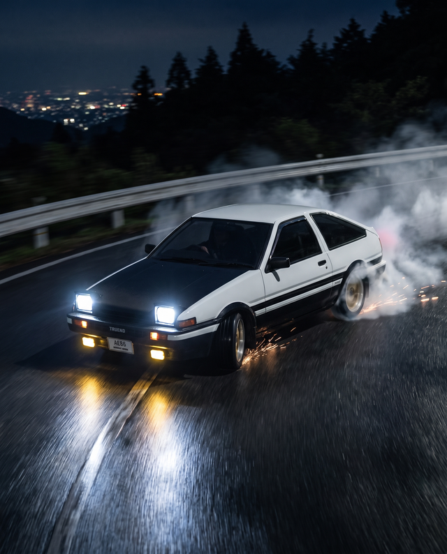AE86 Sprinter Trueno hvid RC driftbil i action - touge natdrift