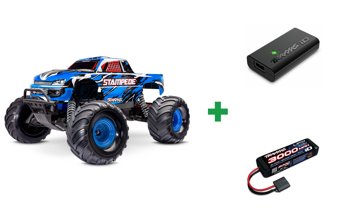 Kombopakke: Stampede 2WD 1/10 RTR TQ EHD BlueX USB-C - With Battery/Charger + USB-C lader og 2S batteri