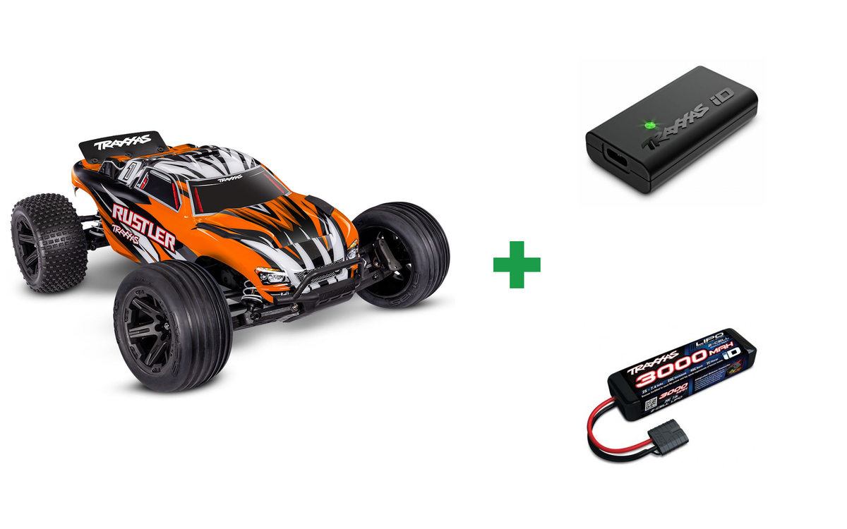 Kombopakke: Rustler 2WD 1/10 RTR TQ EHD Blue-X USB-C - With Battery/Charger + USB-C lader og 2S batteri